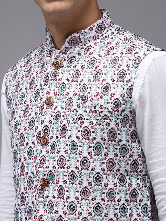 Men Mandarin Collar Printed White Nehru Jacket-PR-124-White