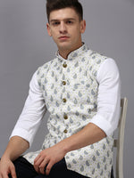 Men Mandarin Collar Printed Cream Nehru Jacket-PR-126-Cream