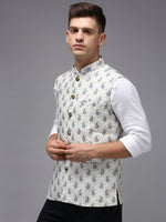 Men Mandarin Collar Printed Cream Nehru Jacket-PR-126-Cream