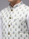 Men Mandarin Collar Printed Cream Nehru Jacket-PR-126-Cream