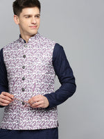 Men Mandarin Collar Printed White Nehru Jacket-PR-227-White