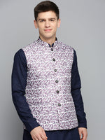 Men Mandarin Collar Printed White Nehru Jacket-PR-227-White