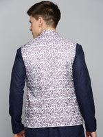 Men Mandarin Collar Printed White Nehru Jacket-PR-227-White