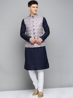 Men Mandarin Collar Printed White Nehru Jacket-PR-227-White