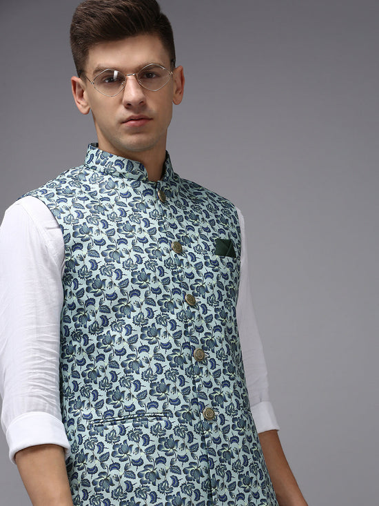 Men Mandarin Collar Printed Sea Green Nehru Jacket-PR-230-Seagreen