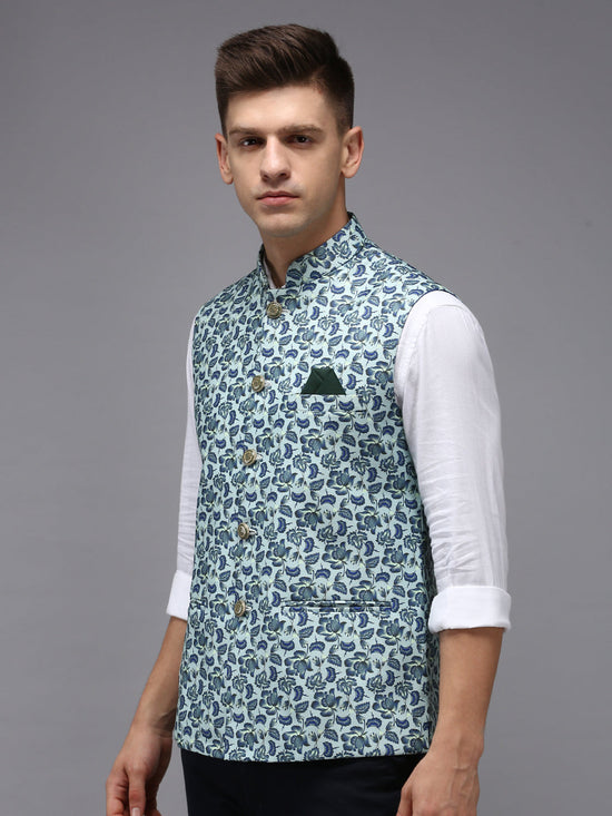 Men Mandarin Collar Printed Sea Green Nehru Jacket-PR-230-Seagreen