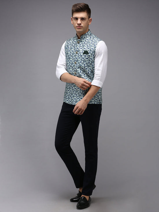 Men Mandarin Collar Printed Sea Green Nehru Jacket-PR-230-Seagreen