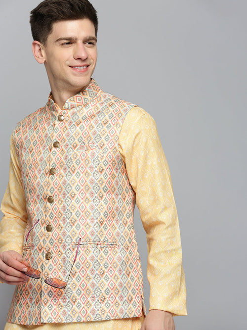 Men Mandarin Collar Printed Multi Nehru Jacket-PR-234-Multi