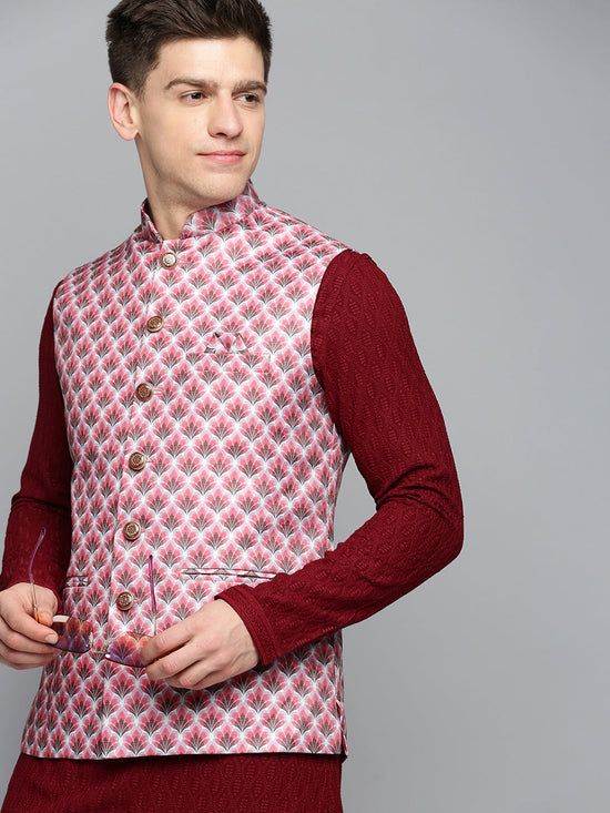 Men Mandarin Collar Printed Magenta Nehru Jacket-PR-245-Magenta