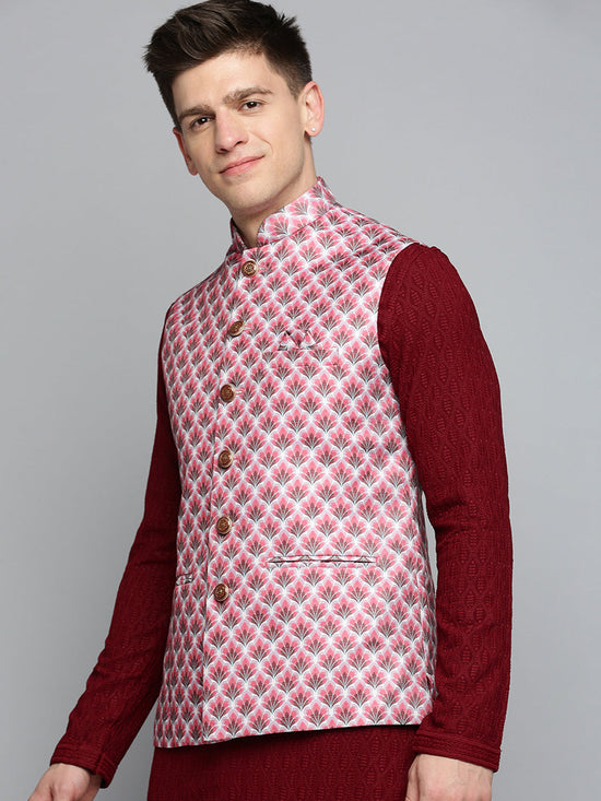 Men Mandarin Collar Printed Magenta Nehru Jacket-PR-245-Magenta