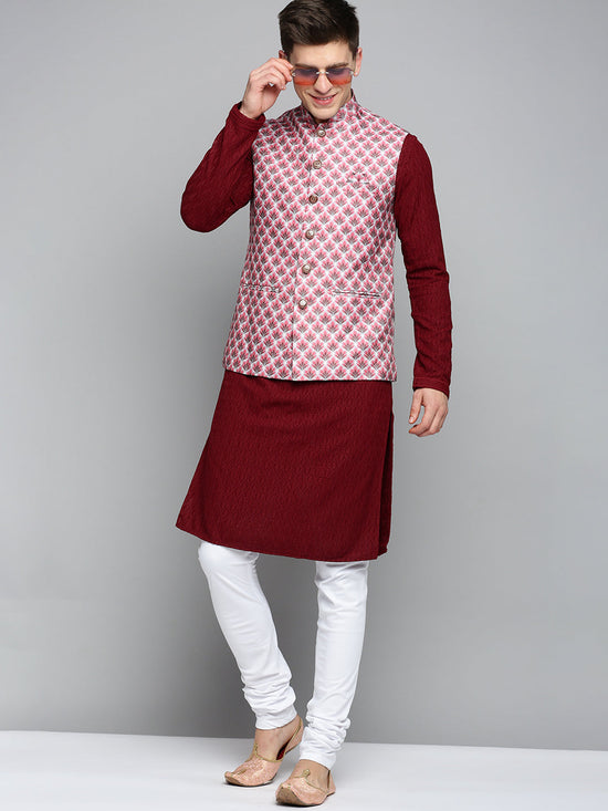 Men Mandarin Collar Printed Magenta Nehru Jacket-PR-245-Magenta