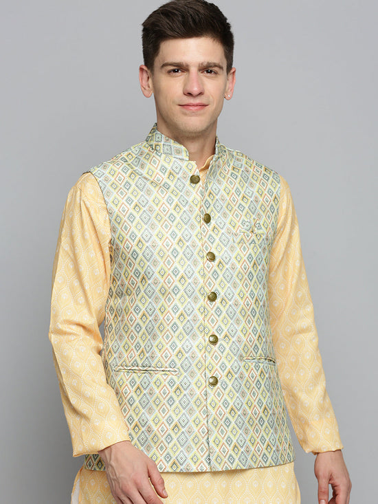 Men Mandarin Collar Printed Lime Green Nehru Jacket-PR-249-Limegreen