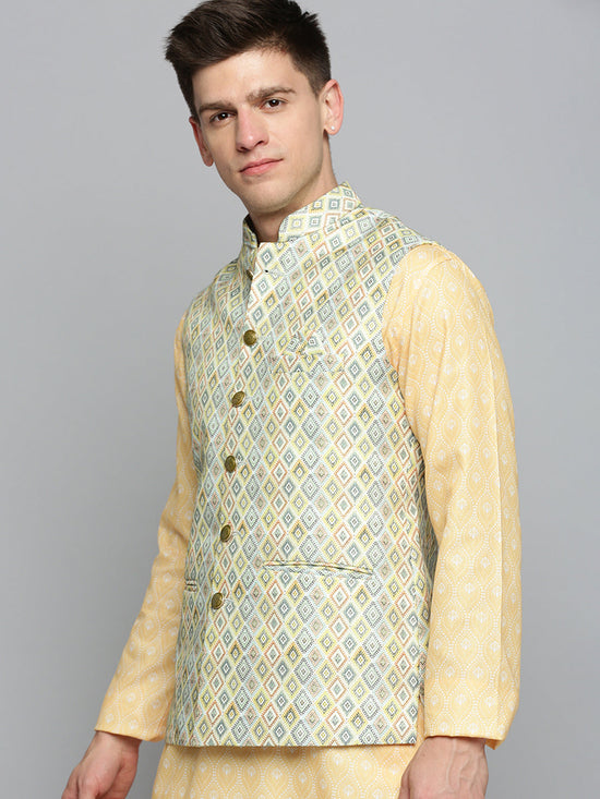 Men Mandarin Collar Printed Lime Green Nehru Jacket-PR-249-Limegreen