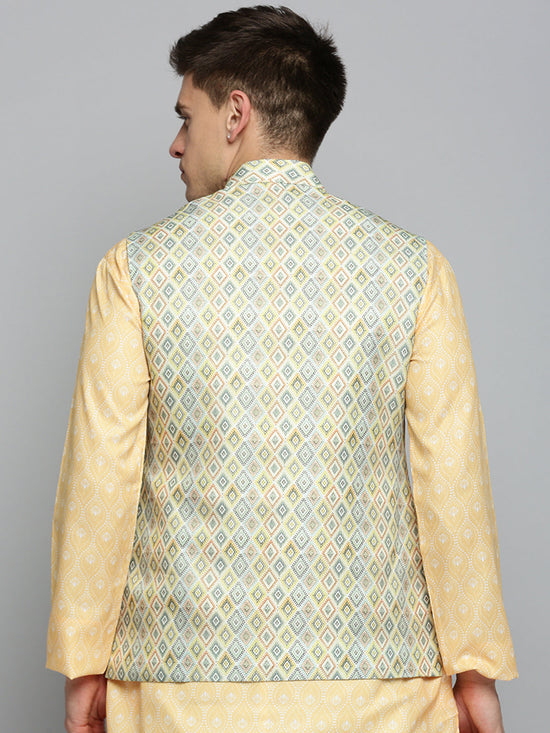 Men Mandarin Collar Printed Lime Green Nehru Jacket-PR-249-Limegreen