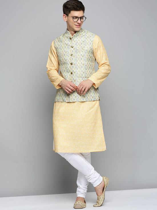 Men Mandarin Collar Printed Lime Green Nehru Jacket-PR-249-Limegreen