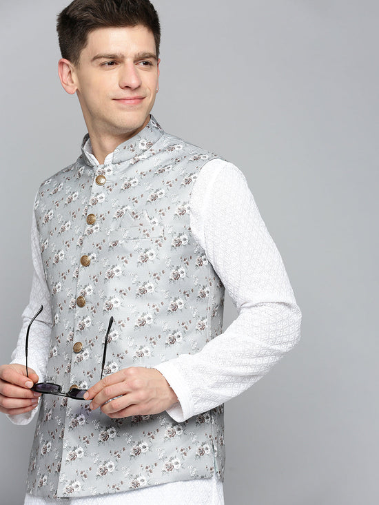 Men Mandarin Collar Printed Grey Nehru Jacket-PR-250-Grey