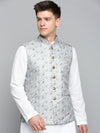 Men Mandarin Collar Printed Grey Nehru Jacket-PR-250-Grey