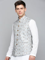 Men Mandarin Collar Printed Grey Nehru Jacket-PR-250-Grey