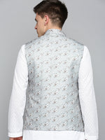 Men Mandarin Collar Printed Grey Nehru Jacket-PR-250-Grey