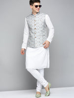 Men Mandarin Collar Printed Grey Nehru Jacket-PR-250-Grey