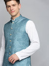 Men Mandarin Collar Printed Teal Nehru Jacket-PR-252-Teal