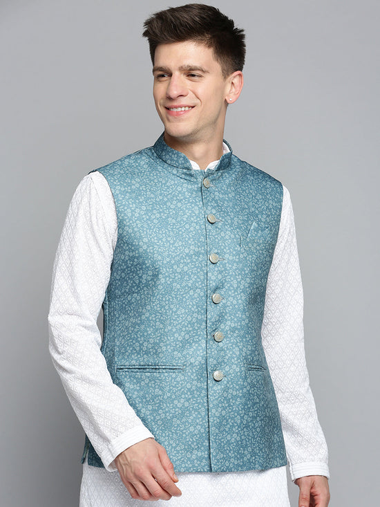 Men Mandarin Collar Printed Teal Nehru Jacket-PR-252-Teal