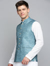 Men Mandarin Collar Printed Teal Nehru Jacket-PR-252-Teal