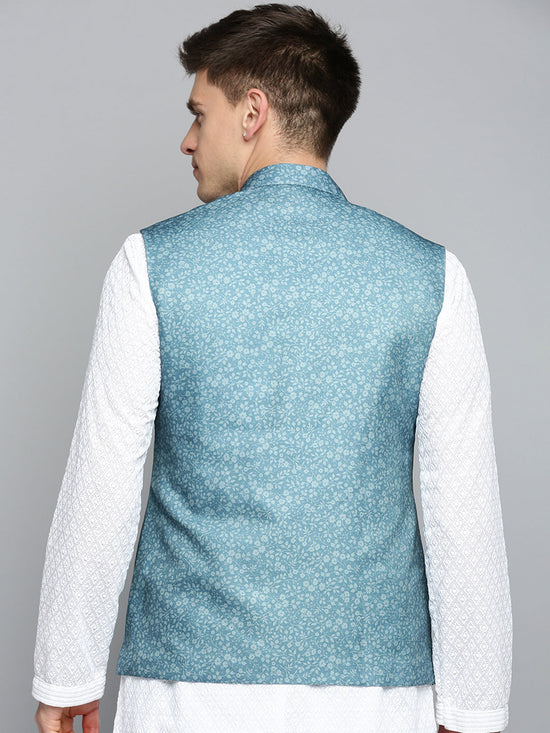 Men Mandarin Collar Printed Teal Nehru Jacket-PR-252-Teal