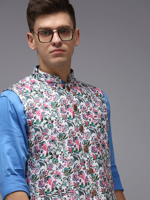 Men Mandarin Collar Printed White Nehru Jacket-PR-258-White