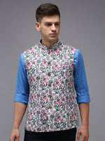 Men Mandarin Collar Printed White Nehru Jacket-PR-258-White