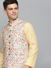 Men Mandarin Collar Printed Cream Nehru Jacket-PR-260-Cream