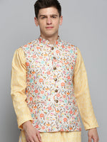 Men Mandarin Collar Printed Cream Nehru Jacket-PR-260-Cream