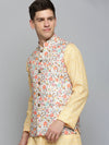 Men Mandarin Collar Printed Cream Nehru Jacket-PR-260-Cream