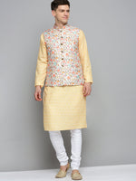 Men Mandarin Collar Printed Cream Nehru Jacket-PR-260-Cream