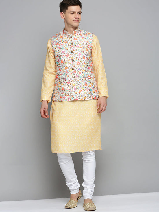 Men Mandarin Collar Printed Cream Nehru Jacket-PR-260-Cream