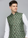 Men Mandarin Collar Printed Green Nehru Jacket-PR-263-Green