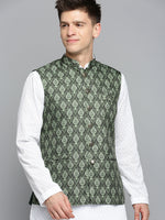 Men Mandarin Collar Printed Green Nehru Jacket-PR-263-Green