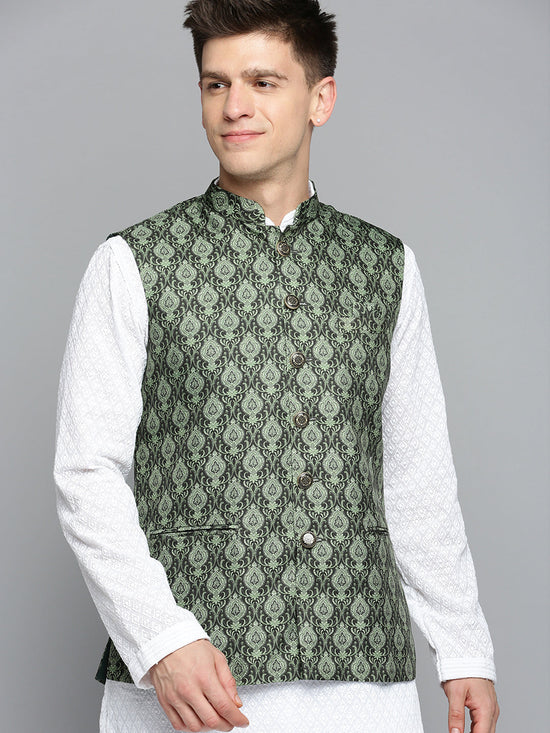 Men Mandarin Collar Printed Green Nehru Jacket-PR-263-Green