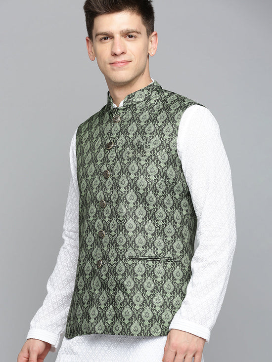 Men Mandarin Collar Printed Green Nehru Jacket-PR-263-Green