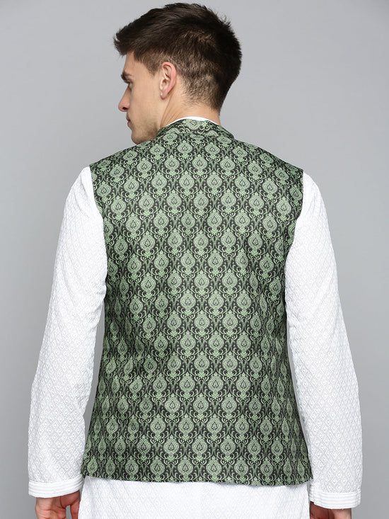 Men Mandarin Collar Printed Green Nehru Jacket-PR-263-Green