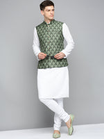 Men Mandarin Collar Printed Green Nehru Jacket-PR-263-Green