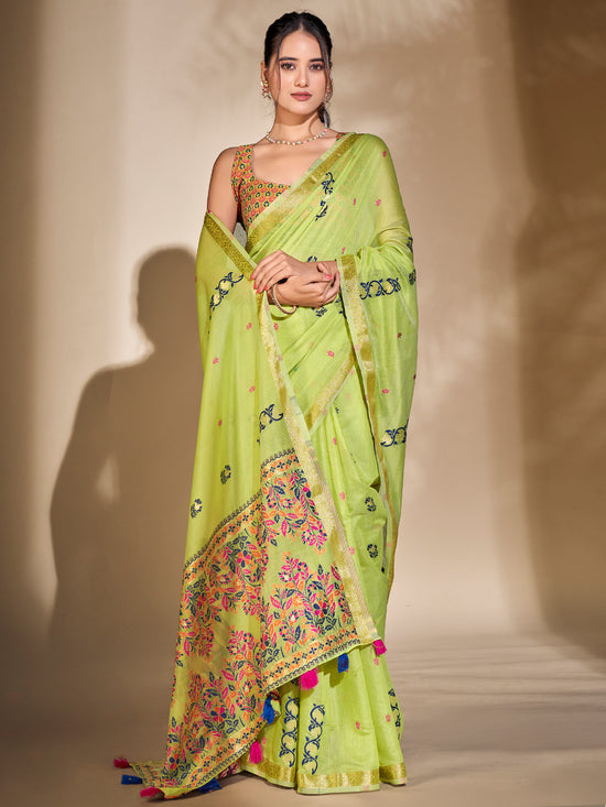 Saree Mall Women's Cotton Blend Light Green Woven Design Designer Saree With Blouse Piece-PRISA135901