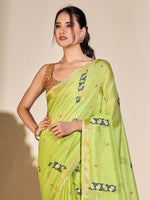 Saree Mall Women's Cotton Blend Light Green Woven Design Designer Saree With Blouse Piece-PRISA135901