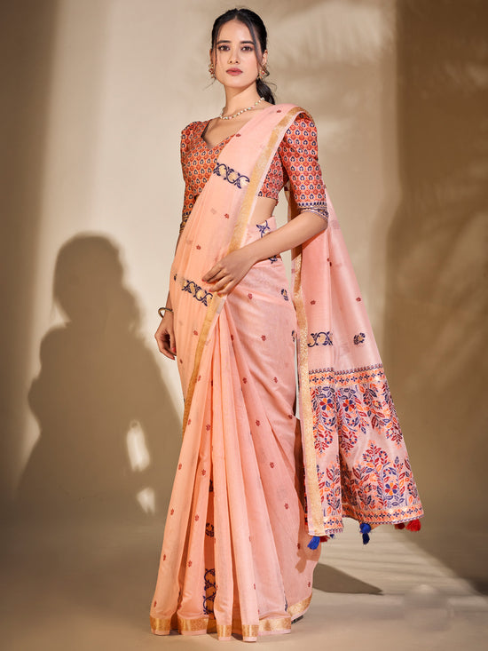 Saree Mall Women's Cotton Blend Peach Woven Design Designer Saree With Blouse Piece-PRISA135902