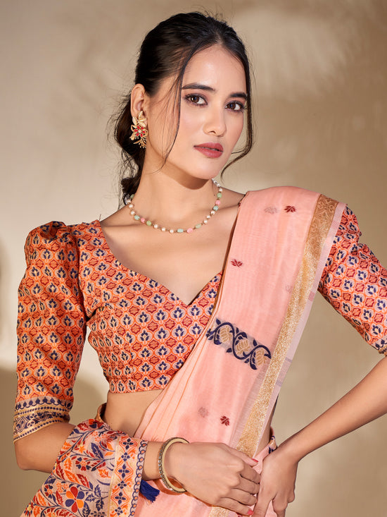 Saree Mall Women's Cotton Blend Peach Woven Design Designer Saree With Blouse Piece-PRISA135902