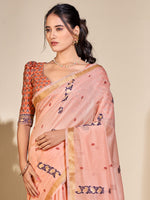 Saree Mall Women's Cotton Blend Peach Woven Design Designer Saree With Blouse Piece-PRISA135902