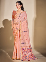 Saree Mall Women's Cotton Blend Peach Woven Design Designer Saree With Blouse Piece-PRISA135902