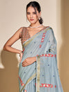 Saree Mall Women's Cotton Blend Light Blue Woven Design Designer Saree With Blouse Piece-PRISA135903