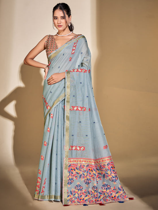 Saree Mall Women's Cotton Blend Light Blue Woven Design Designer Saree With Blouse Piece-PRISA135903