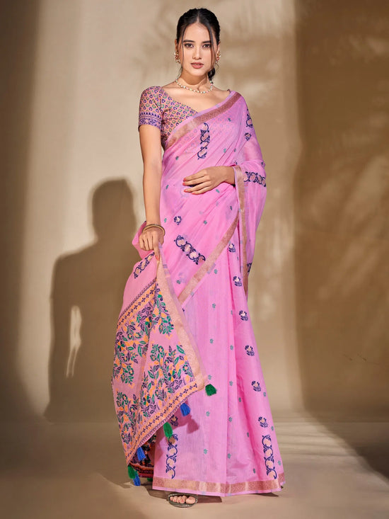 Saree Mall Women's Cotton Blend Pink Woven Design Designer Saree With Blouse Piece-PRISA135904